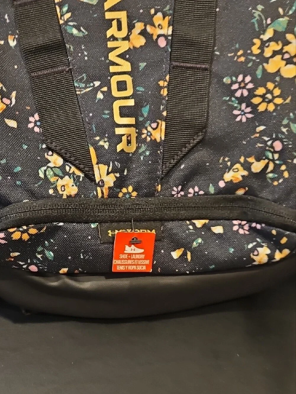 Under Armour Black Floral Backpack with Gold Logo Accents